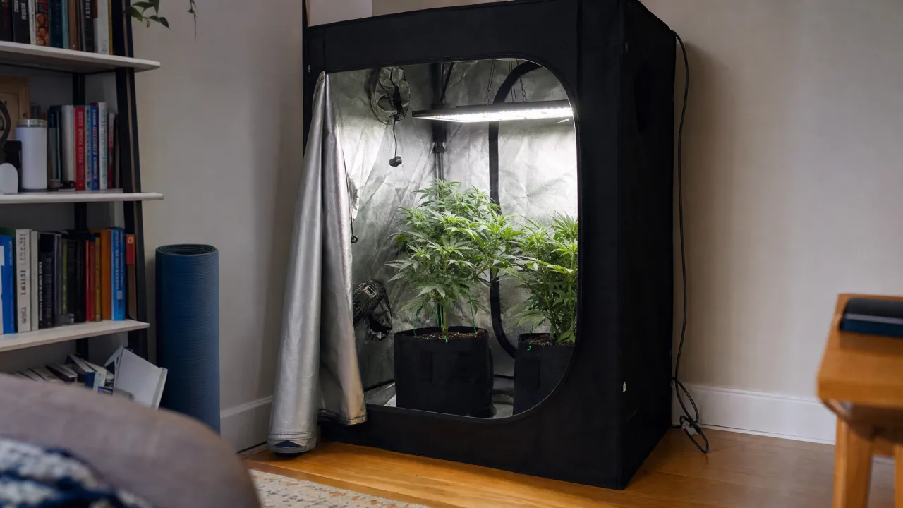 Growbox mit Pflanzen und ruhigem Kunstlicht