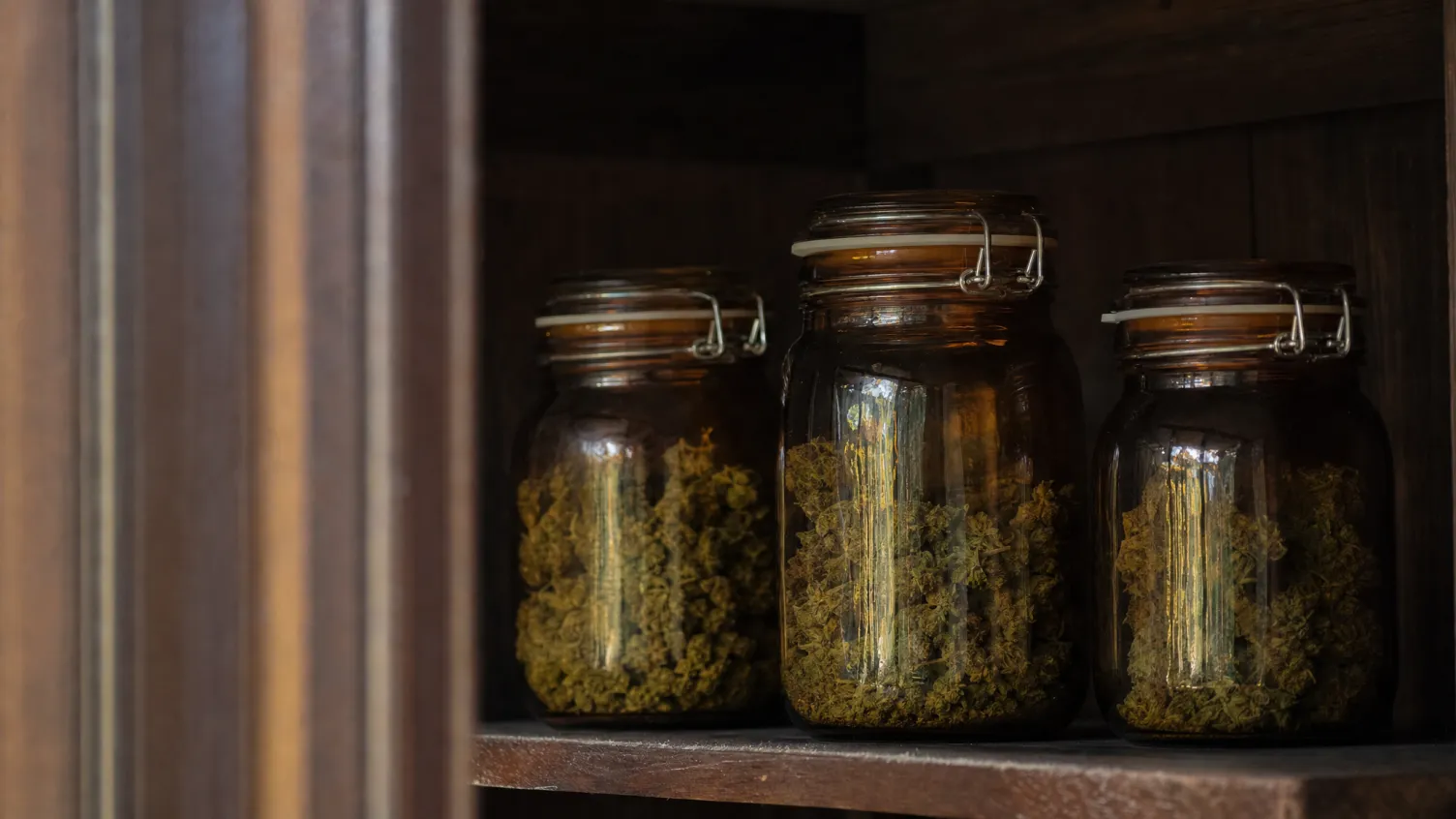 Gläser mit Blüten in einem dunklen Schrank