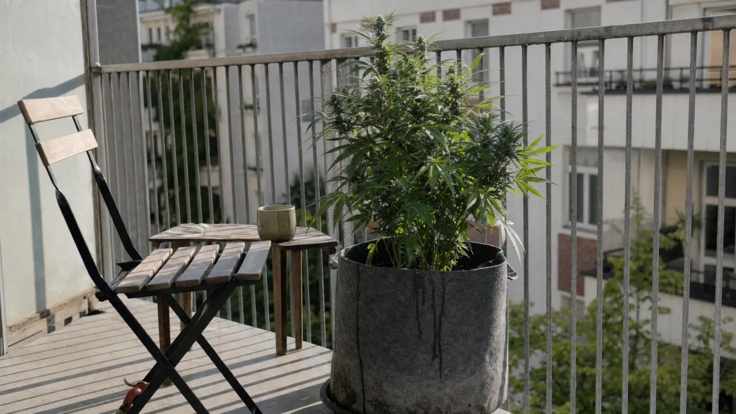 Pflanze im Topf auf einem sonnigen Balkon