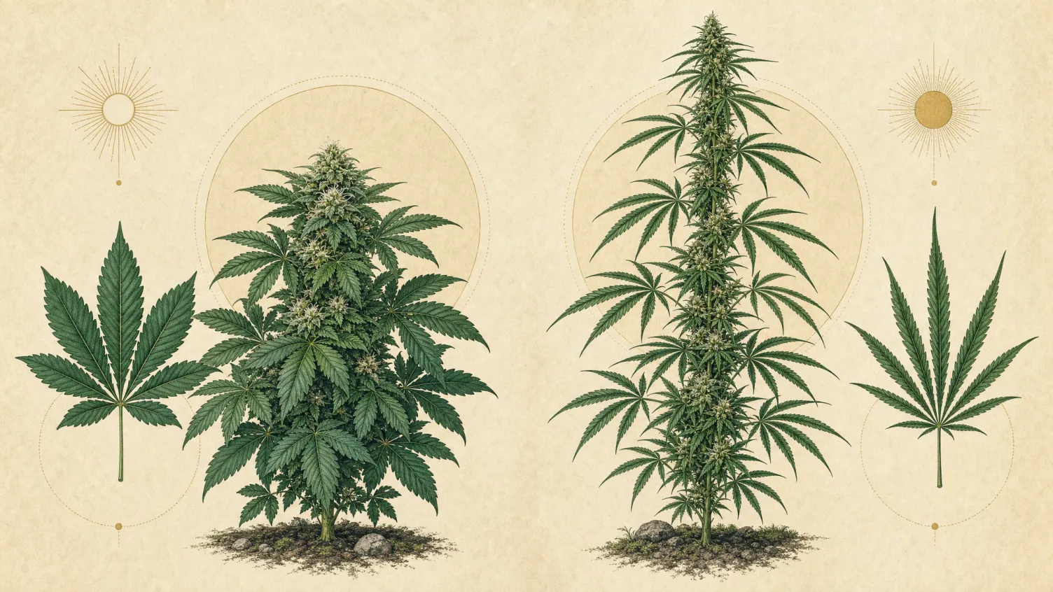 Indica- und Sativa-Blätter im Vergleich