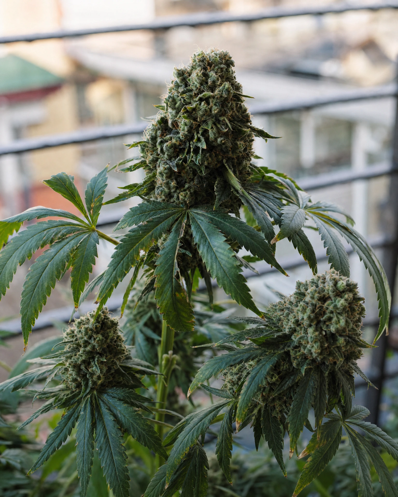 Ausgereifte Cannabispflanze der Sorte Blue Cheese aus einem zweiten Blickwinkel