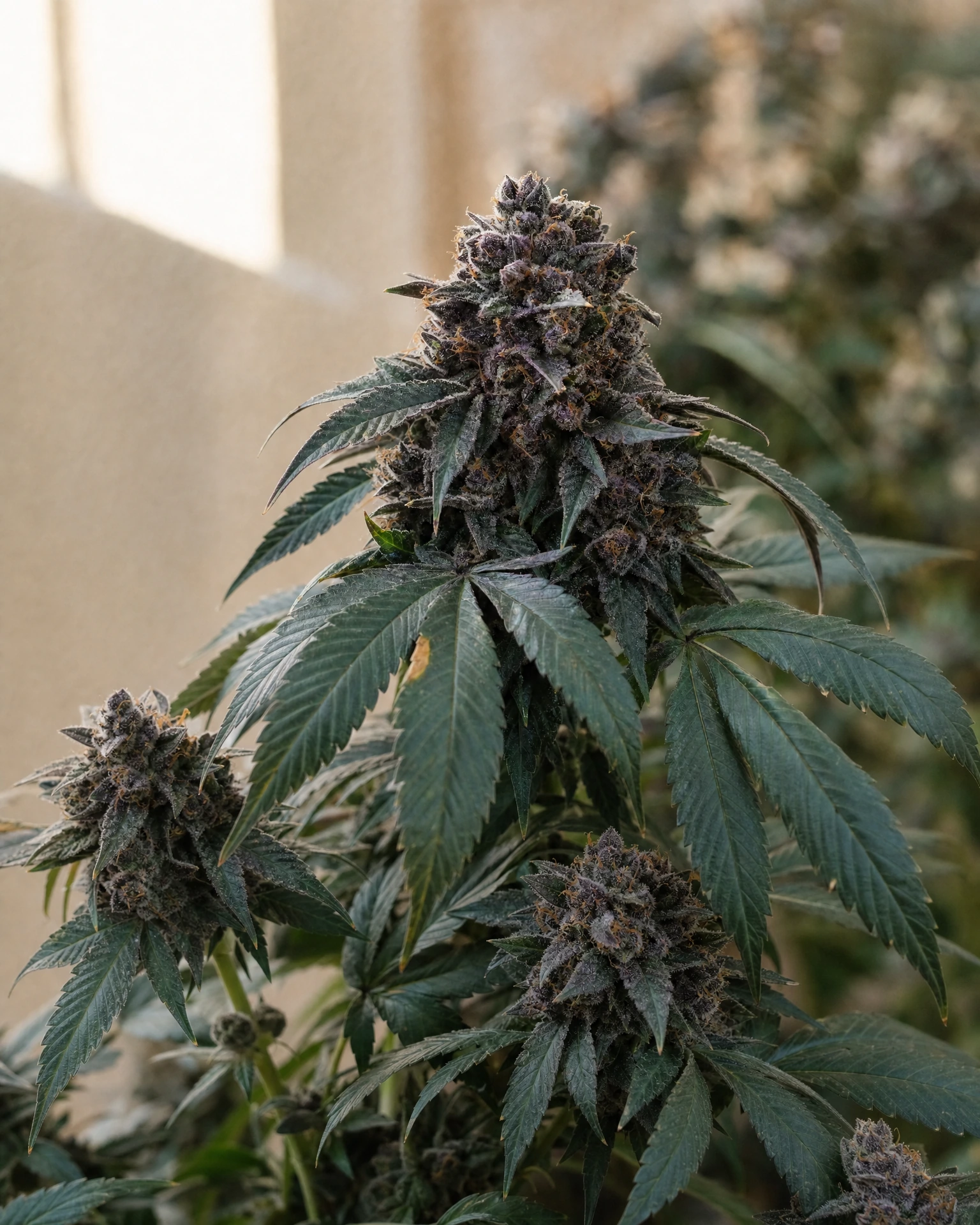 Ausgereifte Cannabispflanze der Sorte Purple Punch aus einem zweiten Blickwinkel