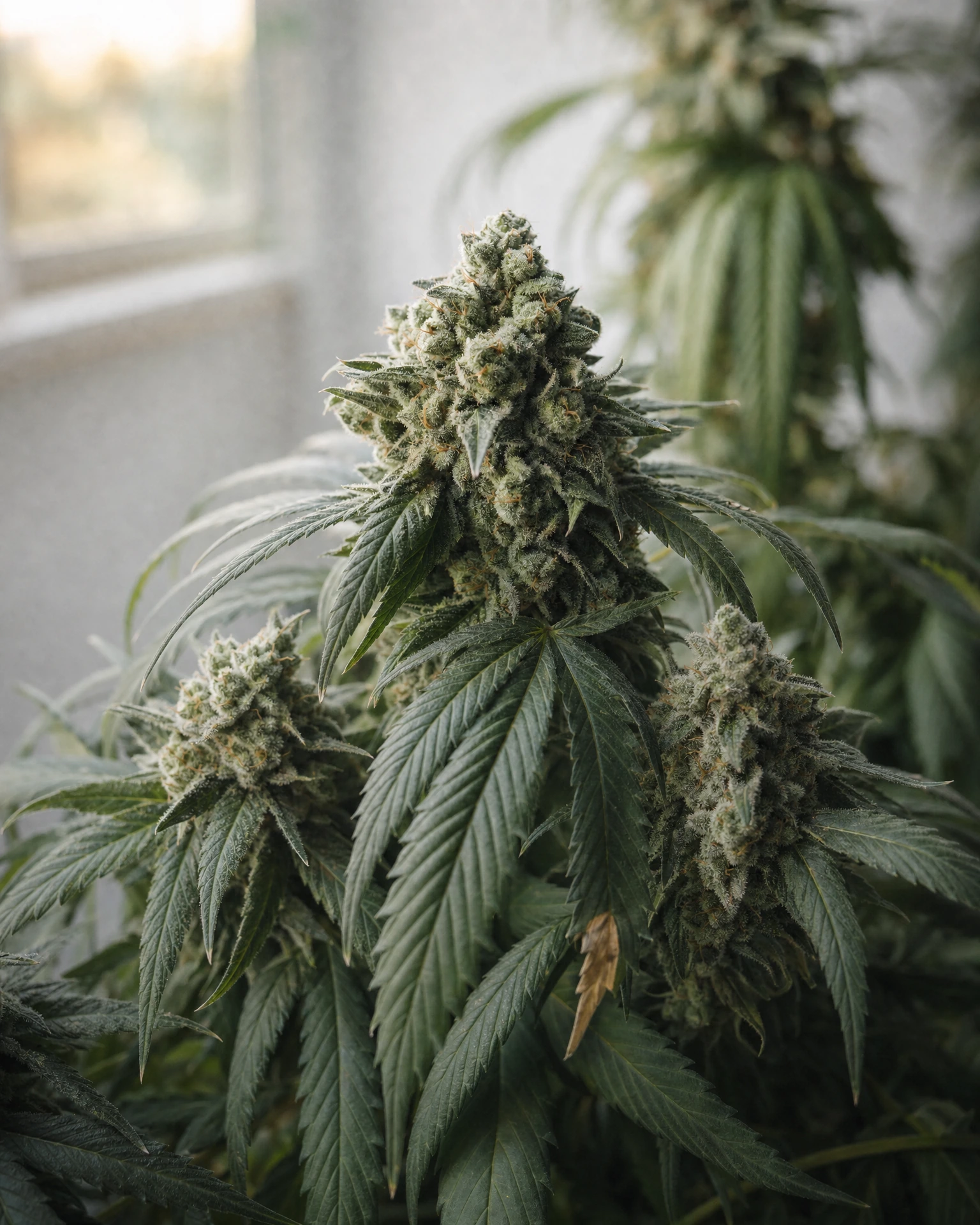 Ausgereifte Cannabispflanze der Sorte Alpine Frost aus einem zweiten Blickwinkel