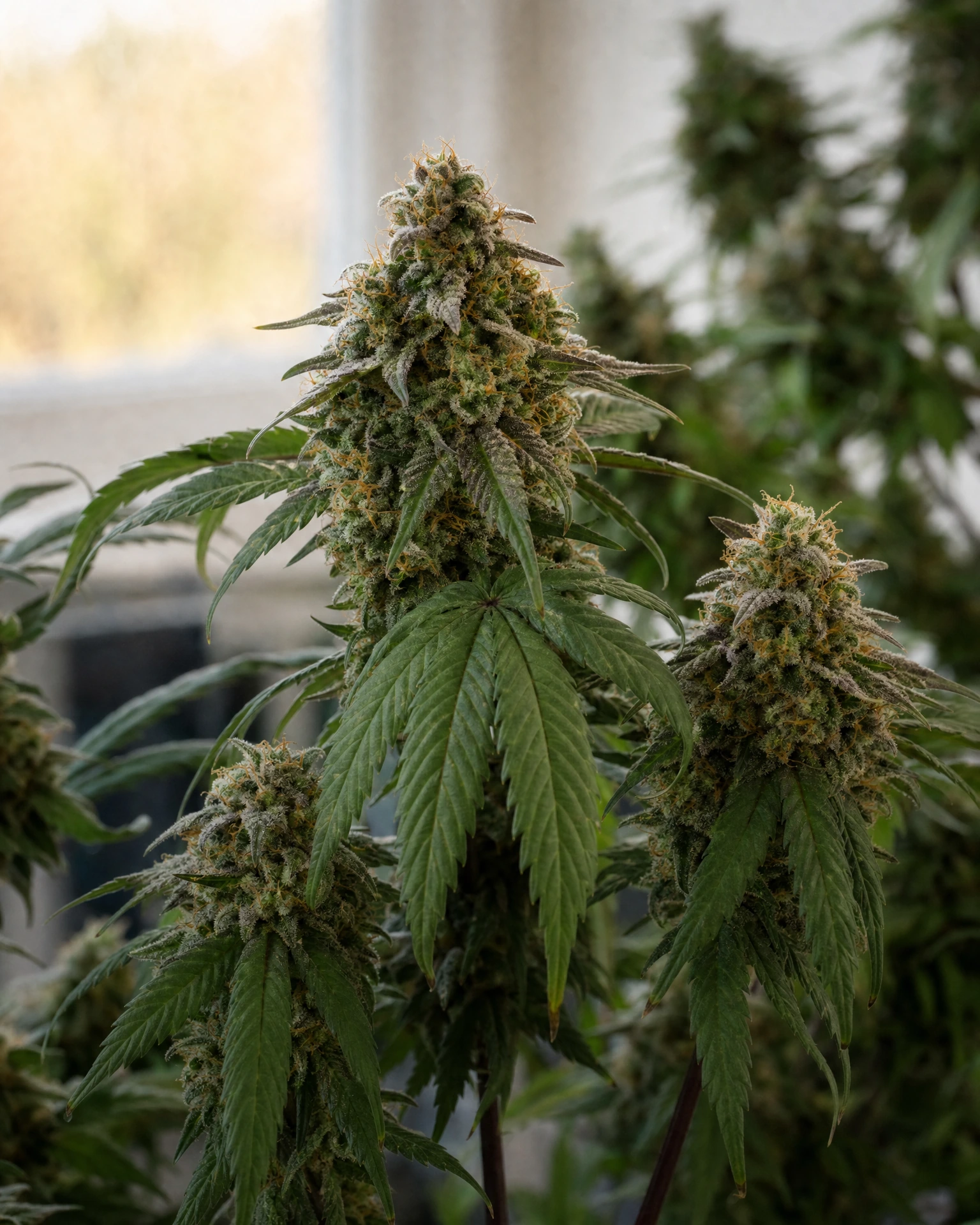 Ausgereifte Cannabispflanze der Sorte Mimosa aus einem zweiten Blickwinkel